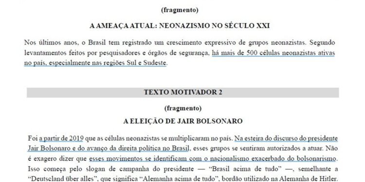 Vestibular da UFS associa neonazismo à direita e a Bolsonaro