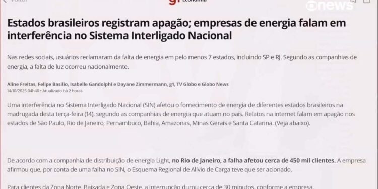 Estados brasileiros registram pagamento; Empresas de energia falam em interferência no Sistema Interligado Nacional