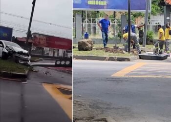 Carro invade ciclovia e derruba poste de sinalização em Campos