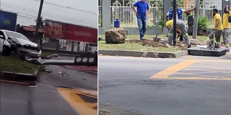 Carro invade ciclovia e derruba poste de sinalização em Campos