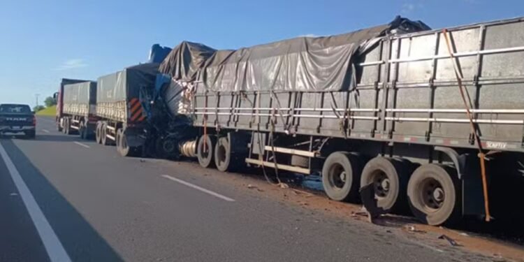 Carreta bitrem tomba e espalha 10 toneladas de milho na BR-356, em Itaperuna
