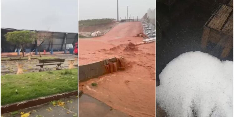 Temporal no Noroeste do RJ derrubou telhado de quadra, árvore, causa enxurrada e chuva de granizo