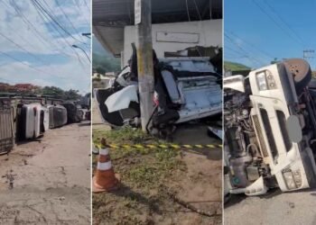 Caminhão-cegonha tomba e deixa quatro pedestres feridos na ViaLagos