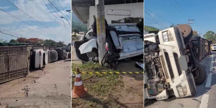 Caminhão-cegonha tomba e deixa quatro pedestres feridos na ViaLagos