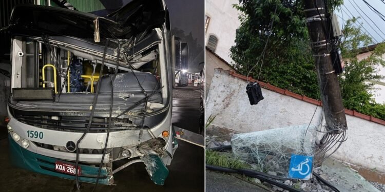 Ônibus bate em poste em Petrópolis motorista após desviar de motocicleta em alta velocidade na contramão