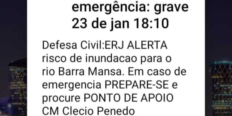 Rio Barra Mansa atinge cota de transbordo e Defesa Civil aciona sirenes e alerta por celular Rio Barra Mansa atinge cota de transbordo e Defesa Civil aciona sirenes e alerta por celular
