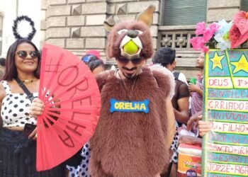 Cão Orelha ganha homenagem de folião durante desfile do Cordão da Bola Preta