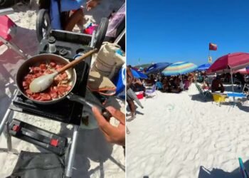 Turistas transformam areia da Praia do Forte em ‘cozinha’ de Cabo Frio