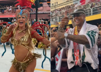 Na arquibancada, Léo Santana vibra pela esposa Lore Improta no Desfile das Campeãs