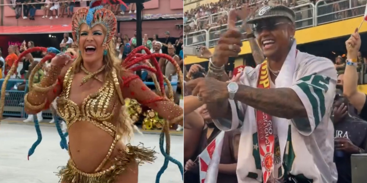 Na arquibancada, Léo Santana vibra pela esposa Lore Improta no Desfile das Campeãs
