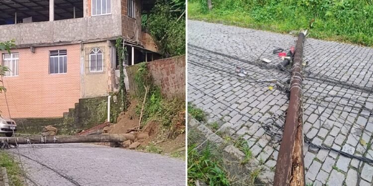 Queda de dois postes interdita trecho da RJ-107, em Petrópolis Queda de dois postes interdita trecho da RJ-107, em Petrópolis
