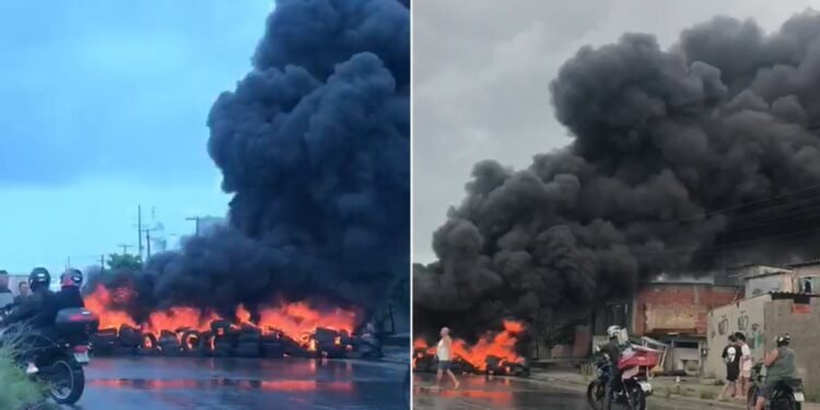 Alagamentos se repetem e moradores protestam bloqueando a RJ-140 com pneus queimados em São Pedro da Aldeia