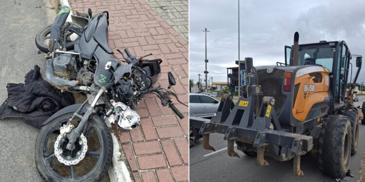 Motociclista fica gravemente ferido após acidente com máquina da prefeitura na RJ-140