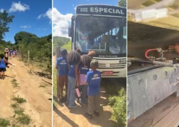 Crianças andam a pé em estrada de terra após ônibus escolar quebrado em zona rural de Cabo Frio