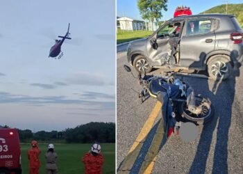 Motociclista é resgatado de helicóptero após acidente na RJ-106