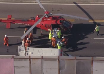 Helicóptero faz pouso de emergência para resgatar vítima de acidente e interdita totalmente a Linha Amarela