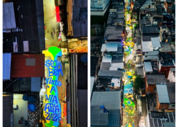 Vídeo mostra Via Ápia, na Rocinha, transformada por pintura gigante pa
