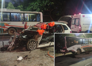Batida frontal entre carro e ônibus deixa motorista gravemente ferido na RJ-102, em Búzios