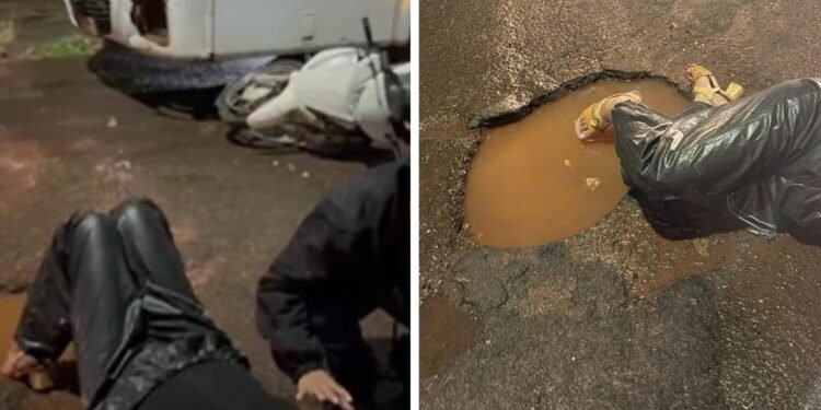 Motociclista fica ferida após bater em ônibus em avenida esburacada de Campo Grande Motociclista fica ferida após bater em ônibus em avenida esburacada de Campo Grande