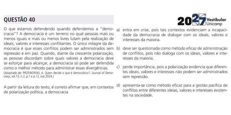 Unicamp 2027: questão da 1ª fase destaca importância da democracia para lidar com polarização
