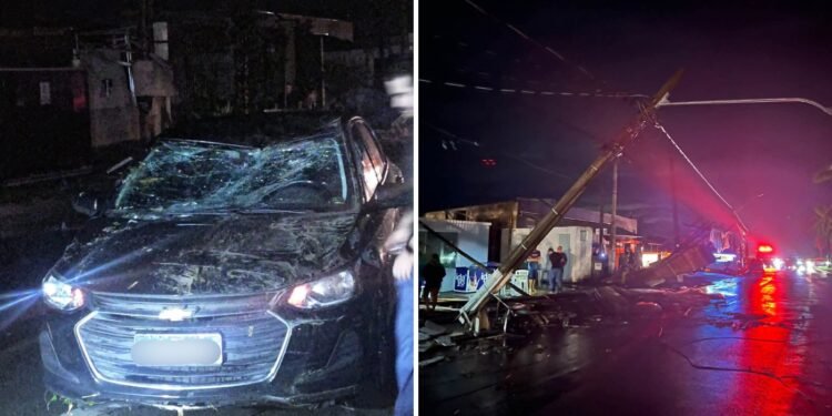 Tempestade faz poste cair sobre carros e causa queda de árvores em Estiva Gerbi Tempestade faz poste cair sobre carros e causa queda de árvores em Estiva Gerbi