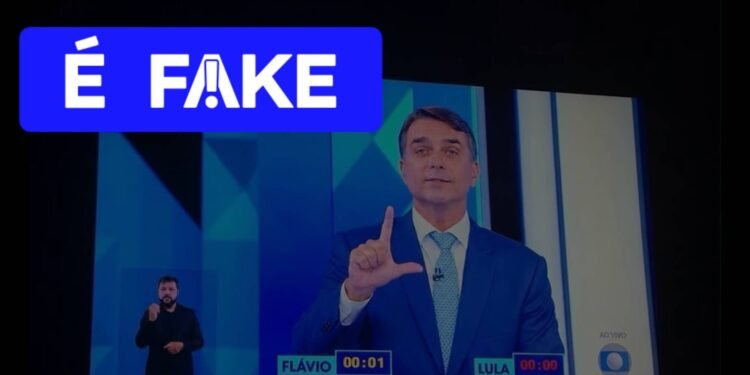 É #FAKE que Flávio Bolsonaro fez o ‘L’ durante debate da Globo; imagem foi fabricada com inteligência artificial É #FAKE que Flávio Bolsonaro fez o ‘L’ durante debate da Globo; imagem foi fabricada com inteligência artificial