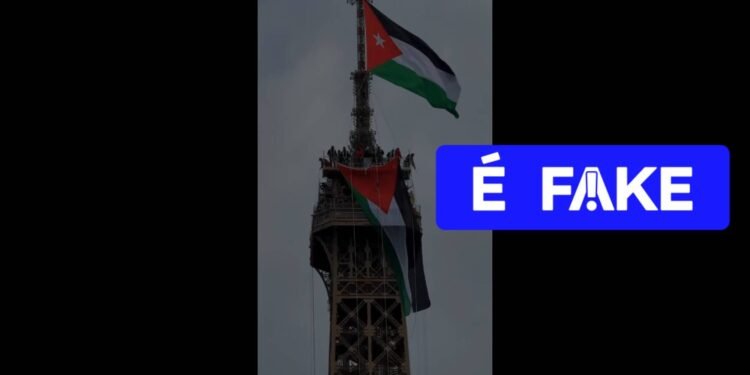 É #FAKE vídeo de bandeira da Palestina erguida no topo da Torre Eiffel; cena foi criada com IA É #FAKE vídeo de bandeira da Palestina erguida no topo da Torre Eiffel; cena foi criada com IA