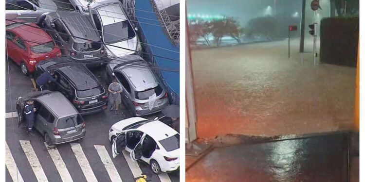 Carros são arrastados pela chuva na Zona Sul de SP, durante temporal da madrugada desta sexta-feira