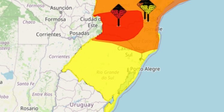 RS tem aviso vermelho do Inmet para chuva com vento de até 100 km/h e granizo; confira a previsão do tempo