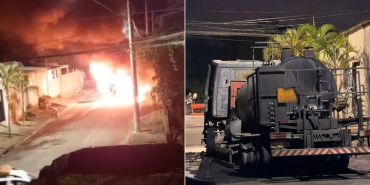 Caminhão-tanque com piche pega fogo no litoral de SP; VÍDEO