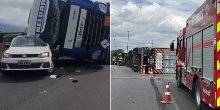 Carreta com dois contêineres tomba sobre carro da CPFL na Via Anchieta, em Cubatão Carreta com dois contêineres tomba sobre carro da CPFL na Via Anchieta, em Cubatão