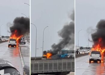 Carro pega fogo e interdita Terceira Ponte no sentido Vila Velha
