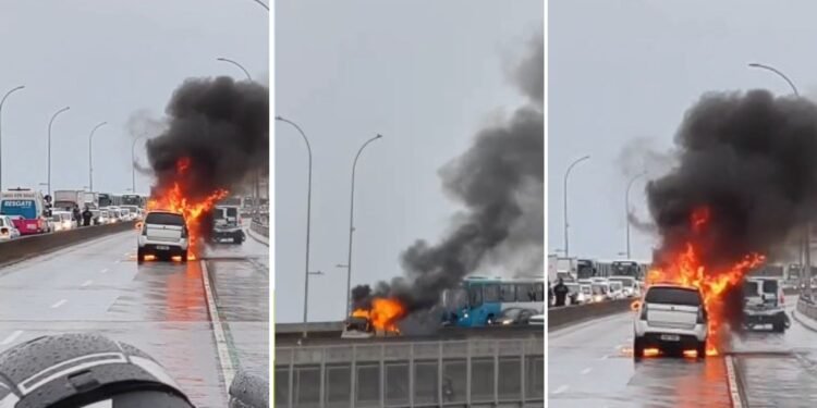 Carro pega fogo e interdita Terceira Ponte no sentido Vila Velha
